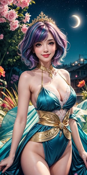 Watercolor painting, (Beautifully aesthetic: 1.2), (1 girl: 1.3), (colorful hair, half blue and half purple hair: 1.2), water, liquid, natta, colorful, gold lace and pale blue outfit, shiny gold ribbons around, petals and dry leaves floating in the air, tiara with gold decorations and flowers, beautiful night, starry sky, it is raining, satin, fantastic night, watercolor, 1 girl, flirtatious smile, sexy, striking breasts, wide neckline, suit tight, beautiful,