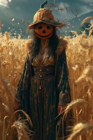 Masterpiece, Professional, Award Winning, Intricate Details, Ultra High Detail, 64k, Dramatic Light, Volumetric Light, Create a full body image of an anime character with features of a scarecrow wizard who has a pumpkin head and a beautiful sexy woman body and is a character in a medieval RPG. Standing in a rotten wheat field. Shows incredible texture and detail. Rendered in high quality super detailed textures. Meticulously illustrated. Adds an ominous atmosphere to the image, 8k, ek_art_b00ster,anime,illustrated,FluxBoost,myvectorillustrations