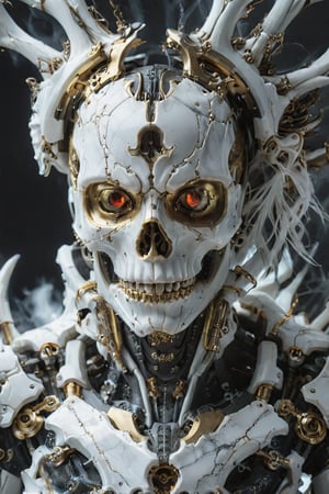 closeup of an ultra detailed marble and gold sculpture of a necromancer mecha (skeleton face), volumetric fog, hyperrealism, stunning, ultra realistic, ultra detailed, cyber background, cinematic lighting, highly detailed, stunning, photography, stunning environment, wide angle ,DonMB4nsh33XL ,GVA suit of armor,masprodeva1, red eyes