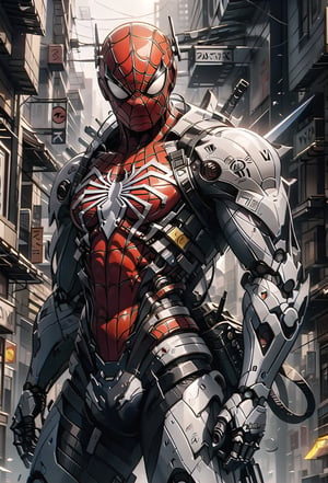 mecha, robot, spiderman, weapon, holding, sword, solo, cobwebs, holding_weapon, mechanical_webs, beam_saber, v-end, holding_sword, dual wielding, science fiction, building_background, skyscraper_background, power_sword, shiny, holding sword, reflection mapping , realistic figure, hyper detailed, cinematic lighting photography, hdr, ray tracing, nvidia rtx, super resolution, unreal 5, subsurface scattering, pbr texturing, post processing, anisotropic filtering, depth of field, maximum clarity and sharpness, hyperrealism, depth of field . ar 51:64 --niji 6 --raw style, spiderman, combat position,spideyadv2,BlackSM