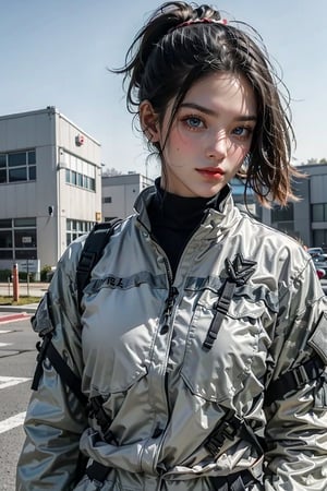 (masterpiece, best quality, ultra detailed, 8K), cute 18 year old military girl, close-up, camouflage military jacket, perfect figure, no makeup, (natural expression), (smiling face), light gray eyes, perfect proportions (straight black hair tied in a ponytail with ribbon), low angle, summer sunlight, glare, heat haze, five-fingered hand, correct hand shape, military hangar in the background