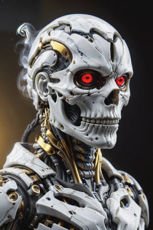 closeup of an ultra detailed marble and gold sculpture of a necromancer mecha (skeleton face, skeleton body), volumetric fog, hyperrealism, stunning, ultra realistic, ultra detailed, cyber background, cinematic lighting, highly detailed, stunning, photography , stunning environment, wide angle ,DonMB4nsh33XL ,GVA suit of armor,masprodeva1, red eyes