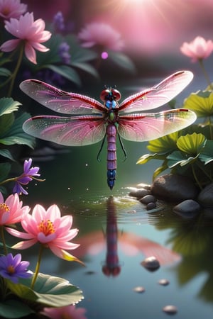 A majestic emerald green and carmine red dragonfly delicately hovers over calm waters dotted with pink and violet flowers, its translucent wings shimmering in the warm sunlight that casts a soft glow on the petals. The dragonfly’s vibrant body blends seamlessly with the surrounding foliage as it gathers nectar from the flower’s center. 8K resolution captures every intricate detail of the natural scene, from the delicate pollen grains to the soft focus of the blurred background.