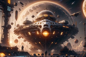 interstellar ship to travel through space, show the background of the celestial vault, the ship is passing near a yellow sun, astronaut making repairs to the ship's hull, astronaut armor, android.