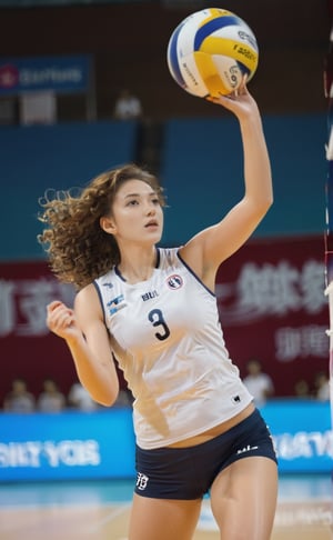 a photo of a woman playing volley ball, serve pose, jump high,in action, focused and and sweating, sharp eyes looking forward, curly brown hair, white sleveless shirt, full body,FilmGirl,b3rli