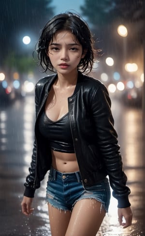 picture of the woman runing on the street under the rain,holding black jacket, wet short shirt and jean, broken heart, sad face, wet short curly hair, wet body,nipples, big rain, water splash, night scene, street light, side lighting,looking away, LinkGirl,b3rli