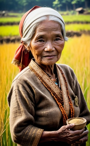 picture of the old woman harvest rice, wearing traditional javanese outfit, LinkGirl,b3rli