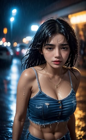 low angle shop photography,picture of the woman runing on the street under the rain,holding jacket on right hand, wet short shirt and jean, broken heart, sad face, wet short curly hair, wet body,nipples, big rain, water splash, night scene, street light, side lighting,looking away, LinkGirl,b3rli