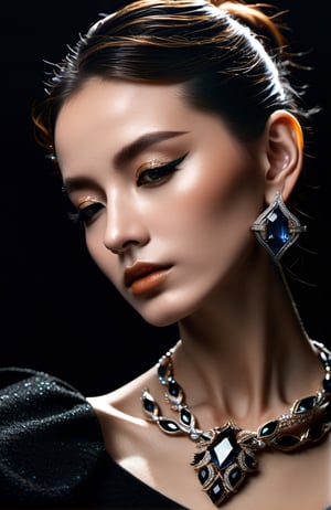 a woman is posing on a black background, showing her stunning jewelry, in the style of realistic fantasy artwork, hyper-realistic