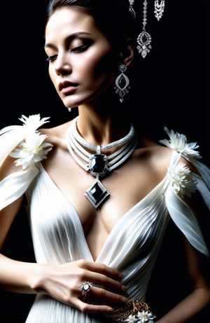 a woman with white dress is posing on a black background, showing her stunning jewelry, in the style of realistic fantasy artwork, hyper-realistic