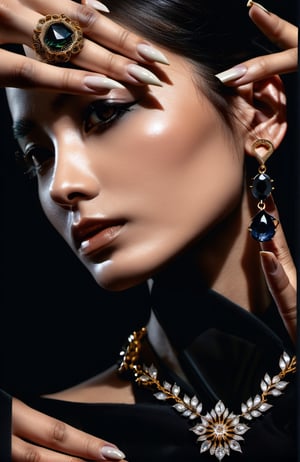 a woman is posing on a black background, showing her stunning jewelry, in the style of realistic fantasy artwork, hyper-realistic