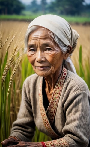 picture of the old woman harvest rice, rice field, harvest, wearing traditional javanese outfit, LinkGirl,b3rli