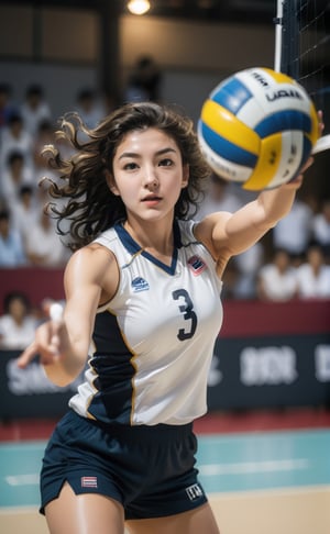 a photo of a woman playing volley ball, serve ball, jump,in action, focused and and sweating, sharp eyes looking forward, curly brown hair, white sleveless shirtphoto r3al,LinkGirl