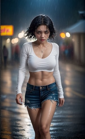 low angle shop photography,picture of the woman runing on the street under the rain,holding jacket on right hand, wet white shirt and jean, broken heart, sad face, wet short curly hair, wet body,nipples, big rain, water splash, night scene, street light, side lighting,looking away, LinkGirl,b3rli