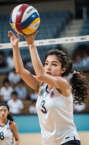 a photo of a woman playing volley ball, serve ball, jump high,in action, focused and and sweating, sharp eyes looking forward, curly brown hair, white sleveless shirt,photo r3al,LinkGirl