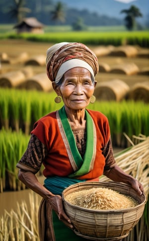 picture of the old woman harvest rice, rice field, harvest, wearing traditional javanese outfit,