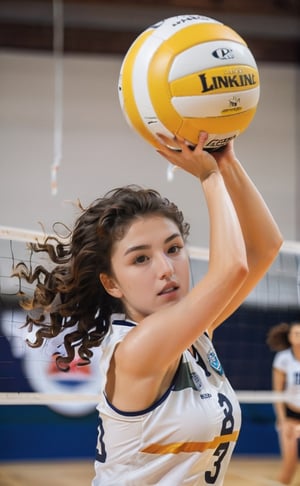 a photo of a woman playing volley ball, blocking ball, jump high,in action, focused and and sweating, sharp eyes looking forward, curly brown hair, white sleveless shirt,photo r3al,LinkGirl