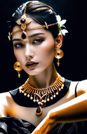 a woman is posing on a black background, showing her stunning jewelry, in the style of realistic fantasy artwork, hyper-realistic