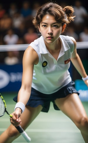 a photo of a girl playing badminton tennis, serve ball, focused and and sweating, sharp eyes looking forward, short curly brown hair, white sleveless shirt, close up, xxmix_girl