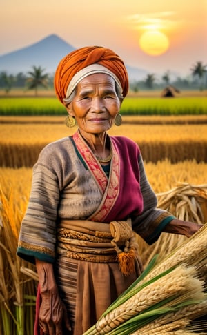 picture of the old woman harvest rice, rice field, harvest, wearing traditional javanese outfit, sunset