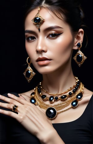 a woman is posing on a black background, showing her stunning jewelry, in the style of realistic fantasy artwork, hyper-realistic