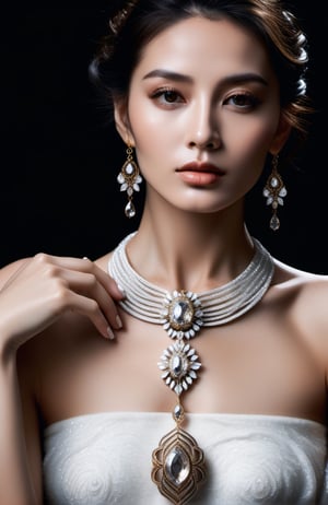 a woman with white dress is posing on a black background, showing her stunning jewelry, in the style of realistic fantasy artwork, hyper-realistic