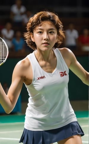 a photo of a girl playing badminton tennis, serve ball, focused and and sweating, sharp eyes looking forward, short curly brown hair, white sleveless shirt, close up, xxmix_girl