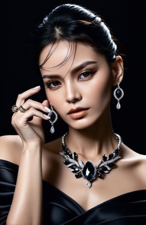 a woman is posing on a black background, showing her stunning jewelry, in the style of realistic fantasy artwork, hyper-realistic