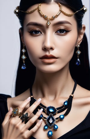 a woman is posing on a black background, showing her stunning jewelry, in the style of realistic fantasy artwork, hyper-realistic