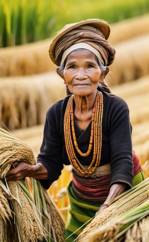 picture of the old woman harvest rice, rice field, harvest, wearing traditional javanese outfit,