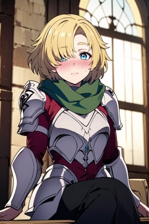 beautiful,  masterpiece,  best quality,  extremely detailed face,  detailed breasts,  masterpiece,  1girl,  whole body, solo, whole body, yellow hair, black headband, hair covering right eye, masterpiece, best quality, 1girl, blue eyes, closed mouth, looking at viewer, short hair, princesafgt, sitting, blush, armor, green scarf