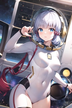 kamisato_ayaka,masterpiece, best quality, white_hair,blue_eyes,mature_female,breasts, spacesuit, (((space helmet))), bodysuit, 1girl, solo