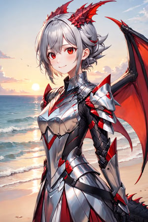 best quality,  masterpiece,  (delicate manga style:1.1),  (cool beauty1.2),  (1girl:1.0),  (25 years old:1.0),  (small breasts:1.2),  BREAK
An androgynous woman stands on the beach with her arms crossed and smiles with a powerful and determined expression against the backdrop of a large sunrise. She spreads her wings majestically on her back. The sea is calm and the sky shines beautifully in the morning sun. The camera is shooting her entire body from the front.
BREAK
(beautiful slim face:1.2),  (clear red eyes:1.0),  (small eyes:1.3),  (cybernetic gynoid:1.1),  (Dragon design mech suit:1.1),  (Dragon design armor:1.3), (Dragon design helmet:1.3), 
(dragon wings on her back:1.2),  (dragon tail:1.2), 
(silver medium hair:1.3), 
(smile:1.1)
(red and white gothic dress skirt:1.3),  (black tights:1.1)