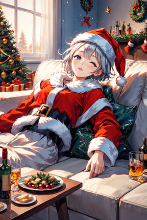 best quality,  masterpiece,  (illustration style:1.1),  (cool beauty1.1),  (1girl:1.0),  (25 years old:1.0),  (small breasts:1.2), 
BREAK 
She is in a modern living room. She is lying on her back on the sofa. On the table are a large number of empty liquor bottles and unwashed dishes. The room is decorated for a Christmas party.
BREAK
(beautiful slim face:1.1),  (clear blue small eyes:1.1),   
(silver short hair:1.1), 
(santa costume,santa hat:1.5),
(sleep,closed eyes:1.6)