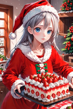 best quality, masterpiece, (delicate manga style:1.1), 
(cool beauty1.1), (1girl:1.0), (25 years old:1.0), (small breasts:1.2),
BREAK 
She is in the kitchen baking a cake.She is decorating a thick, square strawberry cake in the shape of a Christmas gift box with whipped cream.
BREAK
(beautiful slim face:1.3), (clear blue eyes:1.0), (small eyes:1.3), 
(silver medium hair:1.0),
(red santa's costume:1.5), (santa's hat:1.5),