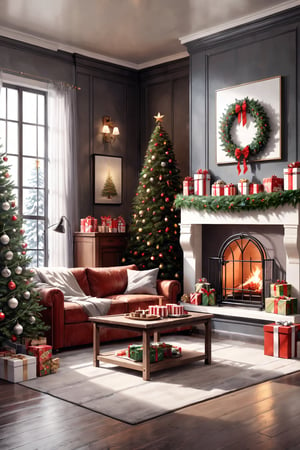 best quality,  masterpiece,  (photoreal style:1.1), A modern living room with Christmas decorations, a prisoner's cage to catch Santa with an open door in the living room, a Christmas tree in the cage and a mug of hot chocolate
