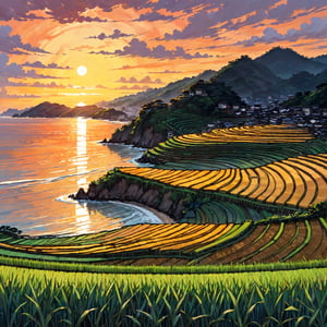 best quality,  masterpiece,  (illustration style:1.1),
(no humans, natural scenery, spectacular view:1.2), 
BREAK 
A view of the setting sun setting into the sea under a sunset sky. The sea is illuminated by the setting sun, and the rippling waves are tinged with sunset colors. The land in the foreground is a hill, and the hilltop is all terraced rice paddies. The setting sun reflects off the sea and the rice paddies and shines dazzlingly.
BREAK