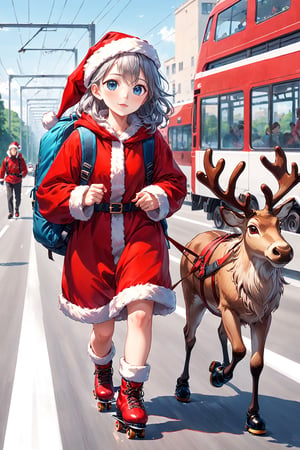 best quality, masterpiece, (delicate manga style:1.1), 
(cool beauty1.1), (one lady:1.0), (25 years old:1.0), (small breasts:1.2),
BREAK 
She is riding very fast on roller skates on the highway. She is carrying a very large backpack, and inside the backpack is a large amount of gifts. A reindeer is running alongside her.
BREAK
(beautiful face:1.0), (clear blue eyes:1.0), 
(silver medium hair:1.0),
(red santa's costume:1.5), (santa's hat:1.5),
(soft smile:1.1),