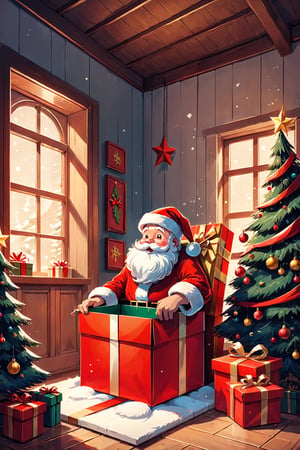 best quality,  masterpiece,  (illustration style:1.1), A picture of a large Christmas gift box opened in a house, Santa came out from inside the box.