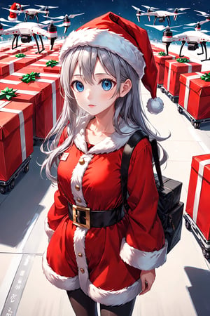 best quality, masterpiece, (delicate manga style:1.1), 
(cool beauty1.1), (one lady:1.0), (25 years old:1.0), (small breasts:1.2),
BREAK 
She is on an airport runway. The runway is lined with a large number of drones, all with boxes of Christmas presents hanging below. Several drones are launching.
BREAK
(beautiful face:1.0), (clear blue eyes:1.0), 
(silver medium hair:1.0),
(red santa's costume:1.5), (santa's hat:1.5),