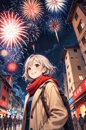 best quality,  masterpiece,  (illustration style:1.1),  (cool beauty1.1),  (1girl:1.0),  (25 years old:1.0),  (medium breasts:1.2),  BREAK 
She is on a street at night in a big city with huge buildings towering above her. There are many people around her. There are many fireworks in the sky celebrating the New Year. She looks up at the fireworks and smiles happily. The camera uses a fisheye lens with a large elevation angle to capture her expression, the buildings, and the fireworks all at once.
BREAK
(beautiful slim face:1.1),  (clear brown small eyes:1.1), 
(black blue white hair:1.1), (red knit hat:1.0),
(Stylish beige coat:1.3),  (Red woolen scarf:1.0), 
(soft smile, flushed cheeks, happy:1.2),