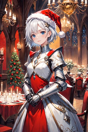 best quality,  masterpiece,  (illustration style:1.1),  (cool beauty1.1),  (1girl:1.0),  (25 years old:1.0),  (small breasts:1.2),  BREAK 
She is frolicking in a large party hall. The venue has Christmas decorations. There are party dishes and candles on the scattered tables.
BREAK
(beautiful slim face:1.1),  (clear blue small eyes:1.1),  (cybernetic gynoid:1.1),  (extremely detailed mech suit:1.2),  (white gothic cuirass:1.2),  (Matted metal body:1.3),  (silver short hair:1.1),  (white gorgeous modest wizard's dress skirt:1.2),  (Decorative embroidery:1.0), 
(red santa dress:1.3), (red santa hat:1.3), 
(smile, happy:1.2),
