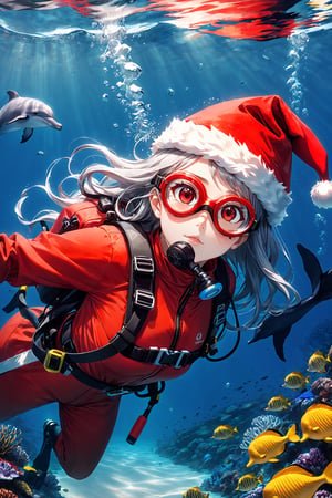best quality, masterpiece, (delicate manga style:1.1), 
(cool beauty1.1), (one lady:1.0), (25 years old:1.0), (small breasts:1.2),
BREAK 
She is scuba diving underwater. She carries an aqualung on her back and wears diving goggles over her face. She has an aqualung regulator in her mouth. The water is crystal clear, and the surface of the ocean is clearly visible from the bottom. A dolphin swims alongside her close by.
BREAK
(beautiful face:1.0), (clear blue eyes:1.0), 
(silver medium hair:1.0),
(red santa's costume:1.5), (santa's hat:1.5),
(aqualung:1.2), (diving goggles on face:1.4),
(Aqualung regulator in her mouth:1.4),(soft smile:1.1),