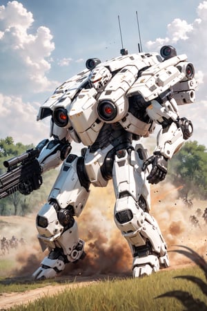 best quality,  masterpiece,  (photoreal style:1.1),  (one person:1.0), (solo:1.0), (flat chest:1.0), 
BREAK
Huge real military style tank type humanoid robot, 
battlefield of the meadow at daytime, 
The robot runs with a number of similar machines.
The robot is firing forward with a hand-held firearm.
(wide shot:1.1), (depth of field:1.1), (from below:1.0), 
BREAK
(cybernetic battle robot:1.2), (Armored main battle tank-like boxy body:1.1), (White non-glossy painted Gothic armor:1.2), 
(extremely detailed machine legs:1.0), (mechanical gauntlet:1.2),  (Headless body:1.5),