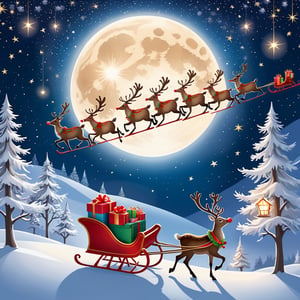 An enchanting Christmas scene where a reindeer-drawn sleigh streaks through the starry sky. The sleigh is filled with elegantly wrapped gifts and there's a bright full moon lighting the way. Reindeer, with their bright red noses, fly swiftly carrying joy and gifts everywhere. It's a magical and Christmas-filled image, capturing the excitement and wonder of the festive season. 