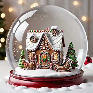 An image of a gingerbread house, sleigh, and snow globe set in the snowy Christmas landscape, creating a festive scenery. ,more detail XL