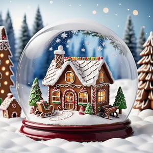 An image of a gingerbread house, sleigh, and snow globe set in the snowy Christmas landscape, creating a festive scenery. ,more detail XL