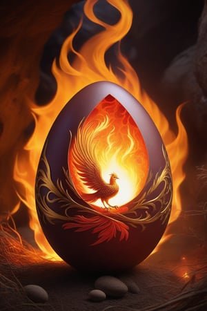 Imagine a phoenix egg, an object of great beauty and mystery. It is nestled within a nest of golden flames, protected and warmed by the fire. The egg itself is not ordinary; it radiates with a warm, glowing light, hinting at the incredible creature inside. Its surface is a vibrant mix of red, orange, and gold, reminiscent of a sunset, with patterns that resemble flickering flames dancing across it. The egg is surrounded by ashes and embers, symbols of the phoenix's cycle of death and rebirth. The background is a dimly lit cave, adding to the mystical atmosphere, suggesting this is a rare and secretive moment we are witnessing.