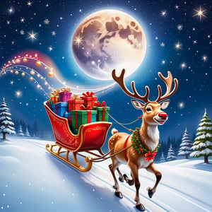 An enchanting Christmas scene where a reindeer-drawn sleigh streaks through the starry sky. The sleigh is filled with elegantly wrapped gifts and there's a bright full moon lighting the way. Reindeer, with their bright red noses, fly swiftly carrying joy and gifts everywhere. It's a magical and Christmas-filled image, capturing the excitement and wonder of the festive season. 