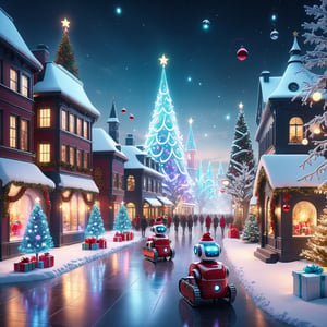 Futuristic Christmas scene in 4K: Snowy cityscape with illuminated buildings, robots delivering presents, modern robots central Christmas tree with lights, holographic Santa sleigh projection, and a magical atmosphere, realistic
,greg rutkowski,more detail XL